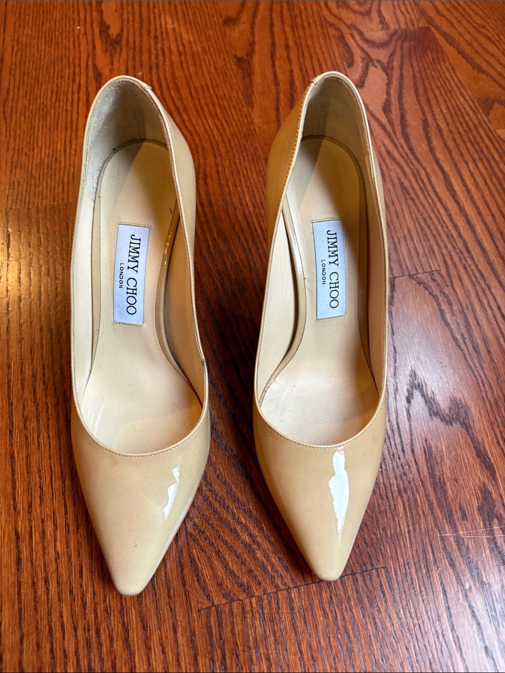 Jimmy Choo Beige Patent Leather Pointed-Toe Pumps